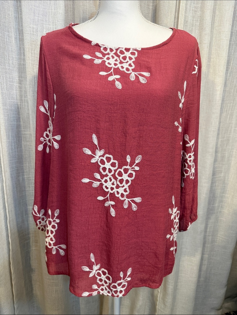 Kindred L Dusty Rose Embroidered Boho Peasant Blouse Floral 3/4 Sleeve Top